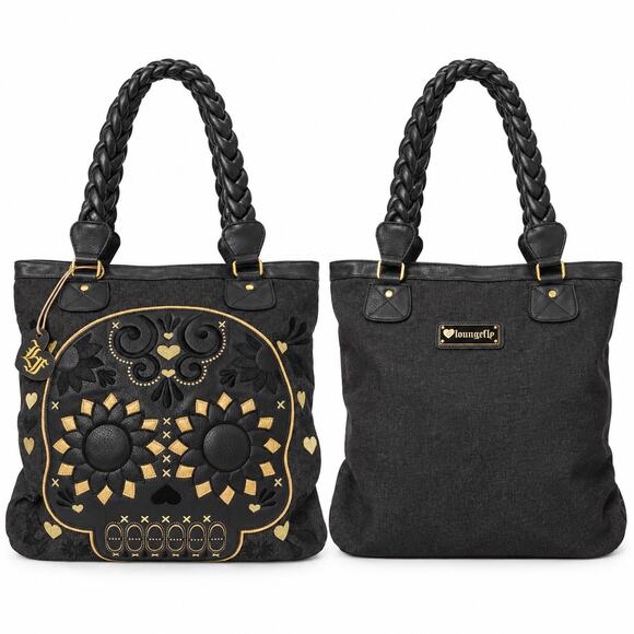 Loungefly Handbags - Loungefly Sugar Skull Tote Bag Black Gold Floral Braided Handle Gothic Purse